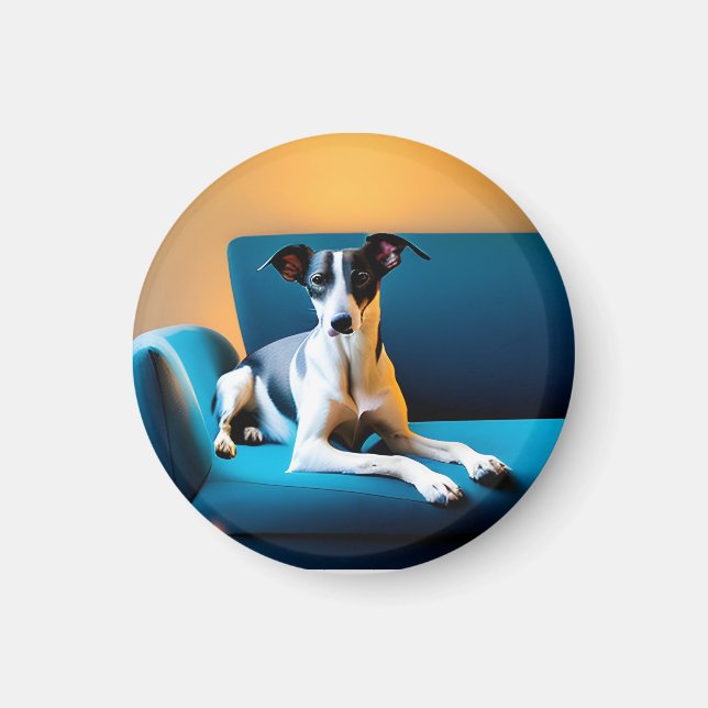 Hund som sitter på en stol magnet (Framsidan)