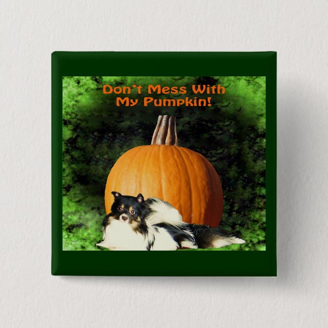 Hund som skyddar stor pumpa Halloween Knapp (Framsida)