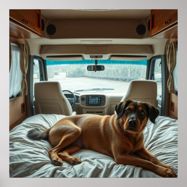 Hund som sover i mysigt husbilinteriör poster (Framsidan)