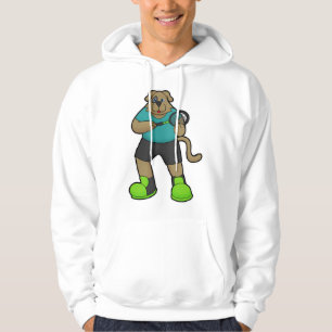Hund som tennis-spelare med tennis racket hoodie