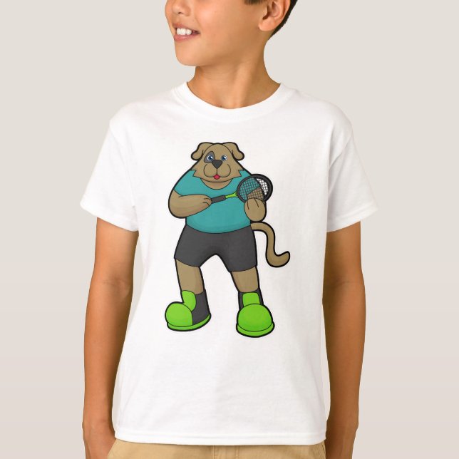 Hund som tennis-spelare med tennis racket t shirt (Framsida)