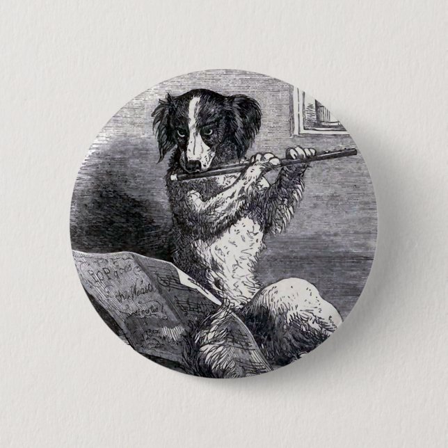 "Hund som vintageillustration leker för flöjten" Knapp (Framsida)
