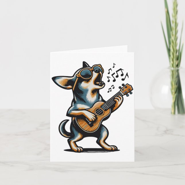 Hund spelar gitarr sjunger Chihuahua Rolig hund Ma Kort (Framsida)