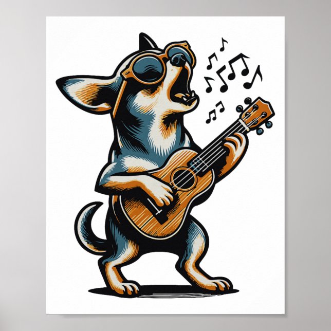 Hund spelar gitarr sjunger Chihuahua Rolig hund Ma Poster (Framsidan)