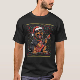 Hund Spelar Guitar Santa Hat Julafton Ugly Rottwei T Shirt