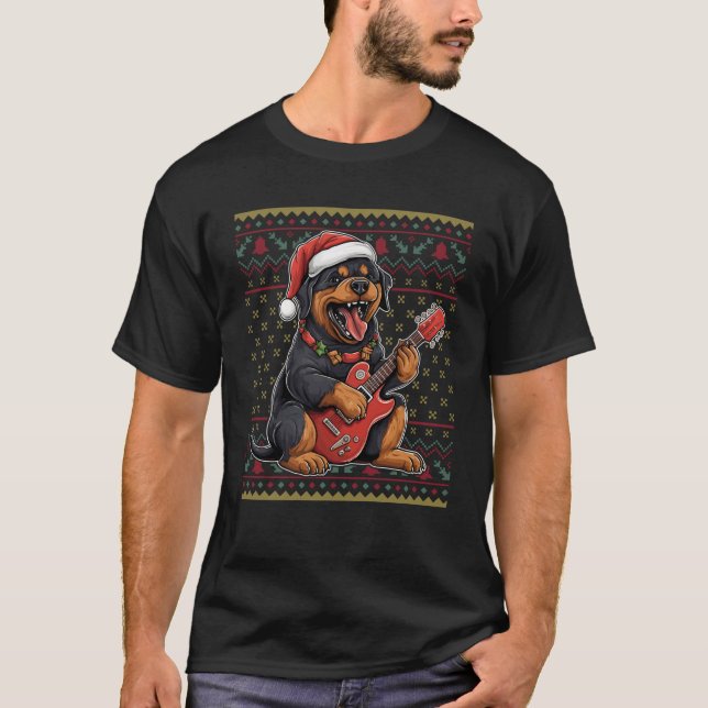 Hund Spelar Guitar Santa Hat Julafton Ugly Rottwei T Shirt (Framsida)