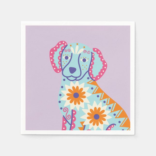Hund Sugar Skull Day of the dead Lila Napkins Pappersservett (Framsidan)