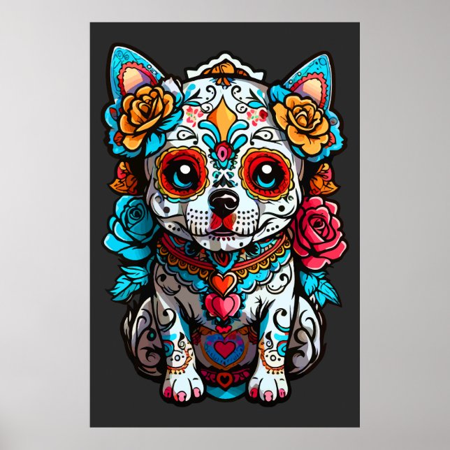 Hund Sugar Skull Halloween, Dia de los Muertos Poster (Framsidan)