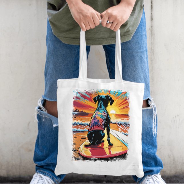 Hund Surfing Cute Colorful Tecknad Illustration Tygkasse (Funny Dog Surfing in the Summer Tote Bag)
