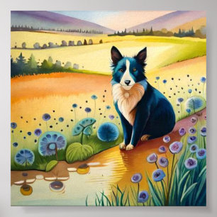 Hund svart och vitt i blommigten fält poster