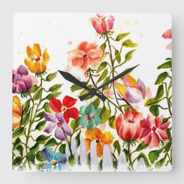 HUND TASS AVTRYCK BLOMSTERTRÄDGÅRD FENCE FYRKANTIG KLOCKA (Framsida)