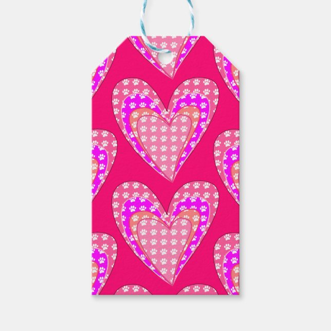 Hund Tass avtryck och Rosa Hearts Mönster Presentetikett (Framsidan)