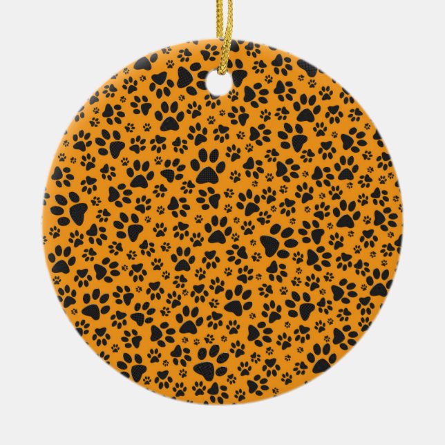Hund Tass Black & White Polka Dot på Dahlia-orange Julgransprydnad Keramik (Framsidan)