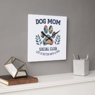 Hund Tass Blommigt Fyrkantig Klocka