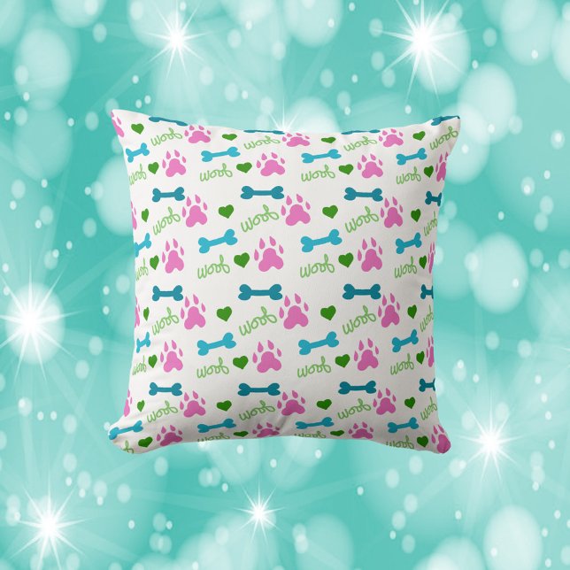 Hund Tass Bone Woof Rosa Teal Grönt Kudde (A cute throw pillow featuring pink dog paws, blue bones and green woofs.)