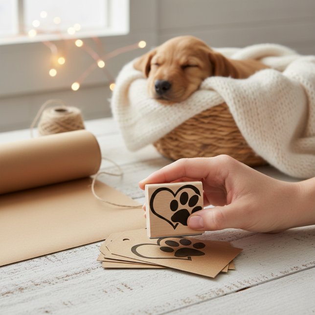 Hund Tass Heart Silhouette Rubber Frimärke Stämpel (Dog Paw Heart Silhouette Rubber Stamp)