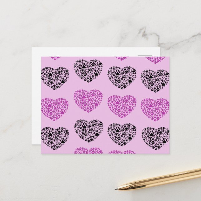 Hund Tassar, spår, Tass-avtryck, hjärta - svart Li Vykort (Fram/Back In Situ)