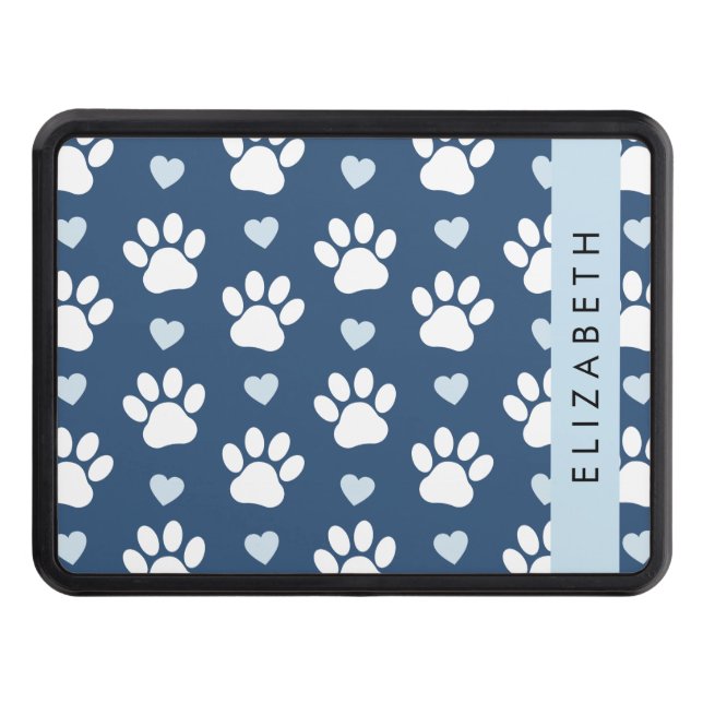 Hund Tassar, vit Tassar, blå hjärtan, ditt namn Dragkroksskydd (Framsidan)