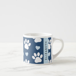 Hund Tassar, vit Tassar, blå hjärtan, ditt namn Espressomugg