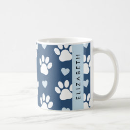 Hund Tassar, vit Tassar, blå hjärtan, ditt namn Kaffemugg