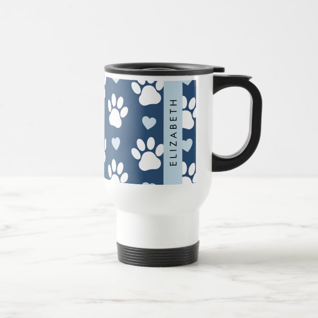 Hund Tassar, vit Tassar, blå hjärtan, ditt namn Resemugg (Höger)