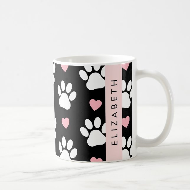 Hund Tassar, Vit Tassar, Rosa Hjärter, Ditt namn Kaffemugg (Höger)
