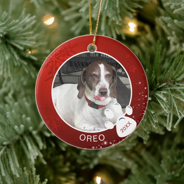 Hund Tassavtryck Röd Snöflinga Stjärnor Foto Namn  Julgransprydnad Keramik (Träd)