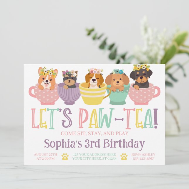 Hund Tea Party Birthday Inbjudningar (Stående Fram)