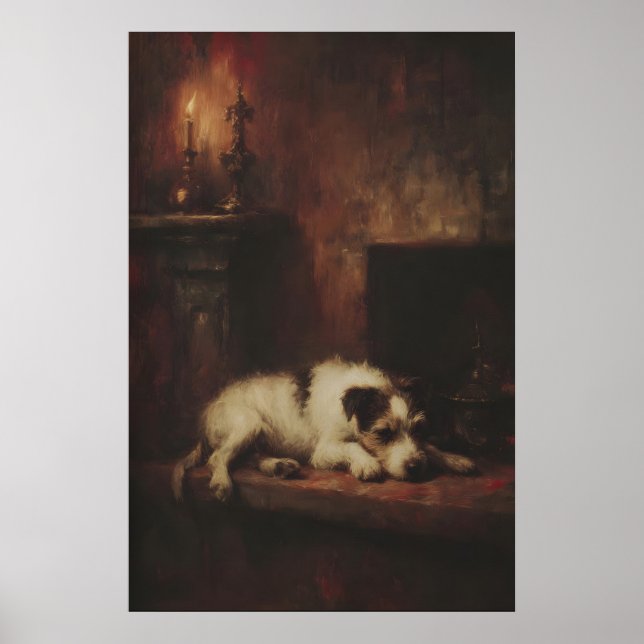 Hund Terrier Sovande Nära Öppen Spis, Mysig Gothic Poster (Framsidan)
