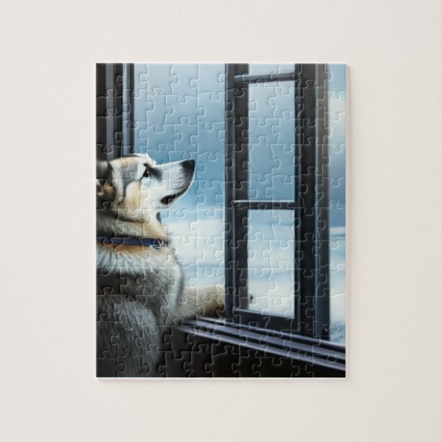Hund Tittar ut fönstret Pussel (Vertikal)