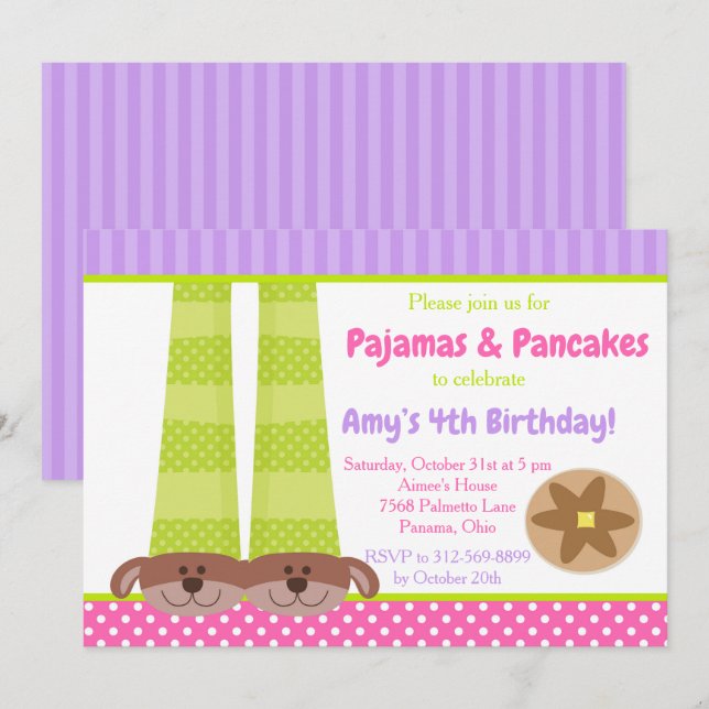 Hund Tofflor Pajamas & Pancakes Födelsedagsfest Inbjudningar (Fram/baksida)