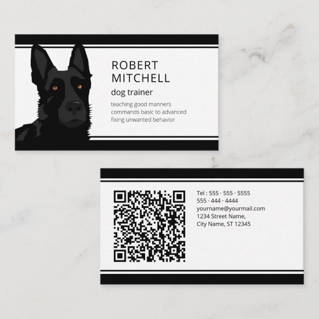 Hund Trainer Black German Shepherd QR Code Visitkort (Fram/baksida)