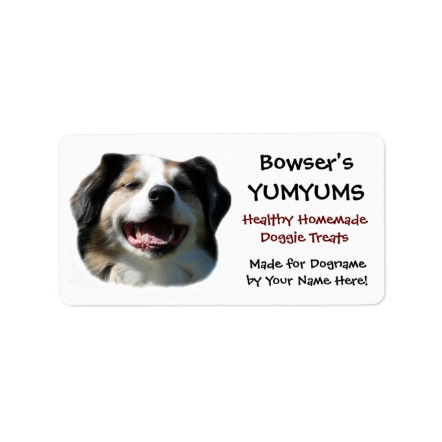 Hund Treats-etikett för anpassningsbarna lycklig A Adressetikett (Framsidan)