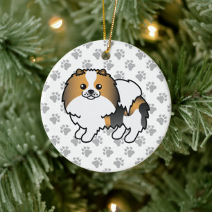 Hund Trefärgad Pomeranian Söt Tecknad Hund & Tassa Julgransprydnad Keramik