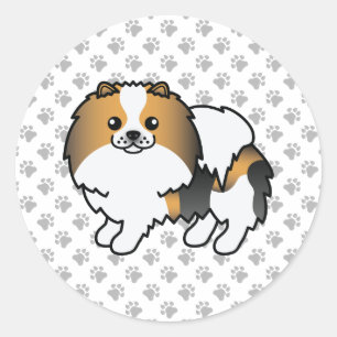 Hund Trefärgad Pomeranian Söt Tecknad Hund & Tassa Runt Klistermärke
