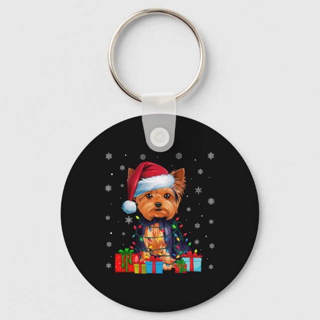 Hund Ugly Julafton Ljus Santa Hat Yorkshire Terrie Nyckelring (Framsida)