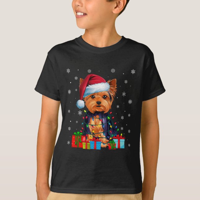 Hund Ugly Julafton Ljus Santa Hat Yorkshire Terrie T Shirt (Framsida)