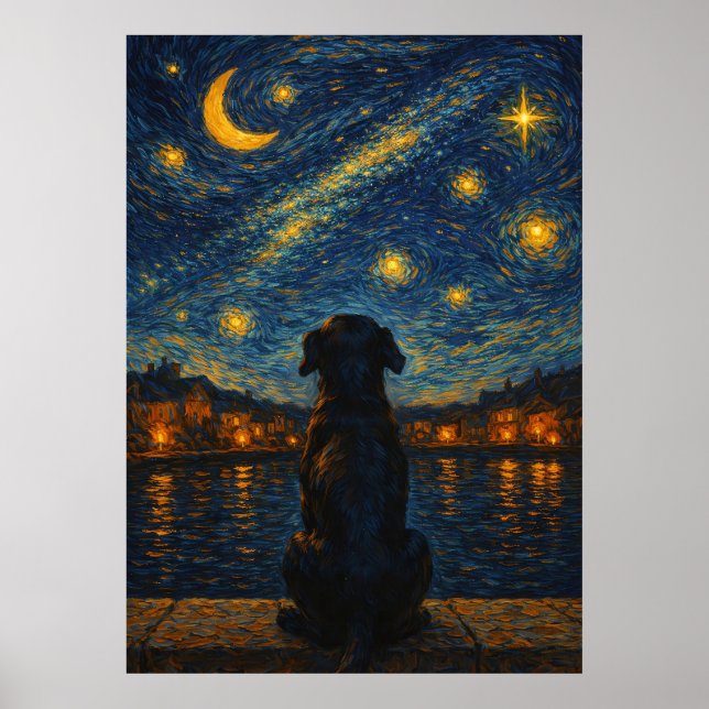 Hund under stjärnklar natthimmel Väggkonst (Framsidan)