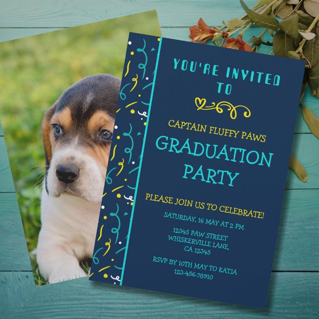 Hund Utexamens Meddelande Färgglad Blå Konfetti Inbjudningar (Dog graduation Announcement in colorful yellow and blue with confetti)