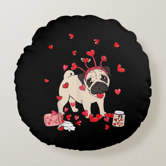 Hund Valentine Gift | Cute Pug Valentine Day Rund Kudde (Framsidan)