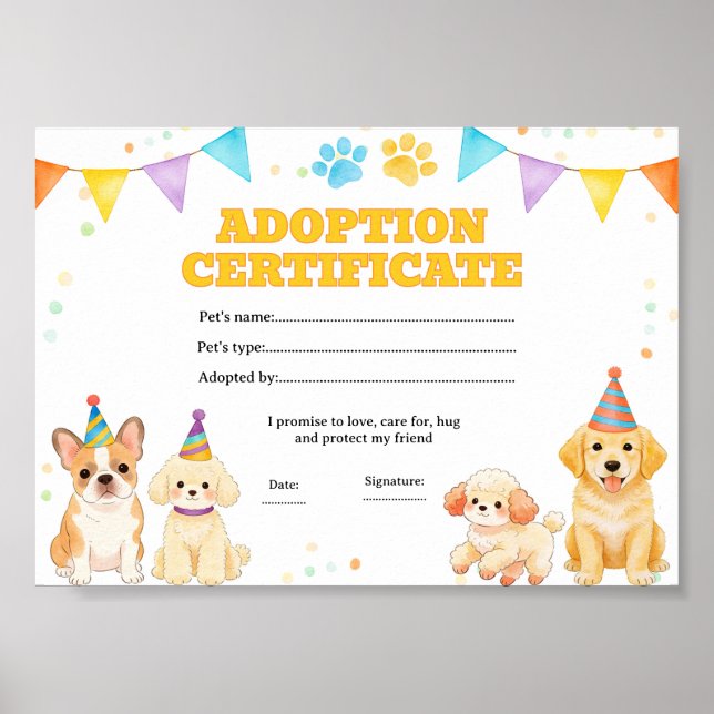 Hund valp adoptera ett husdjur intyg poster (Framsidan)
