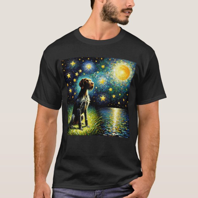 Hund Van Starry Night German Wirehsted T Shirt (Framsida)