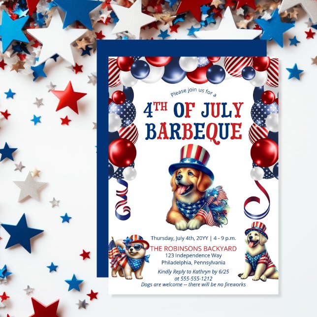 Hund vänligt nr Fireworks 4:e juli BBQ Party Inbjudningar (Balloon Arch and Cute Cool Dogs No Fireworks Pet Friendly 4th of July BBQ Invitation)