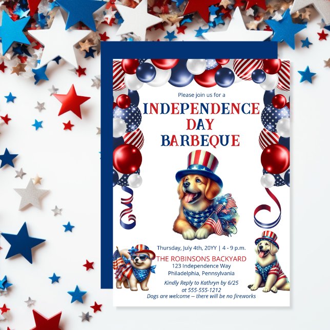 Hund vänligt nr Fireworks 4:e juli BBQ Party Inbjudningar (Balloon Arch Cute Dogs Dog-Friendly Independence Day BBQ July 4 Invitation)
