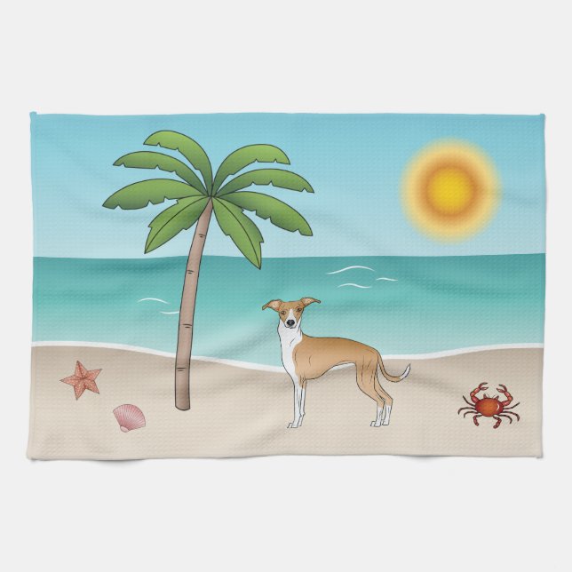 Hund vid en tropisk sommarklocka kökshandduk (Horisontell)