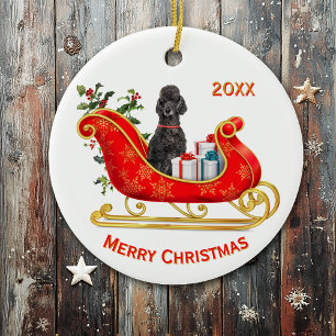 Hund vid jul Sleigh Black Pudel Julgransprydnad Keramik