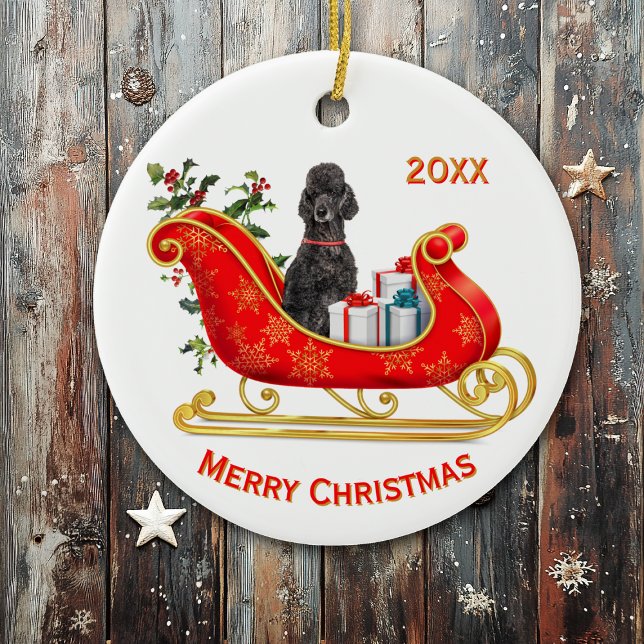 Hund vid jul Sleigh Black Pudel Julgransprydnad Keramik (Skapare uppladdad)