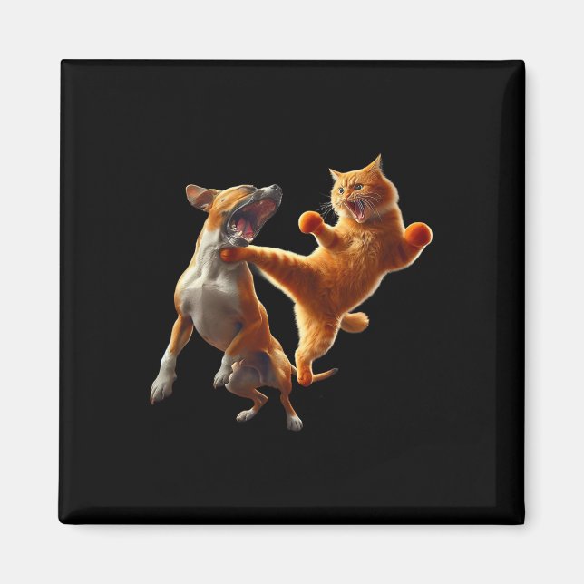Hund Vs Cat Kick Boxing Fighting Funny Cat Joke Pu Magnet (Framsidan)