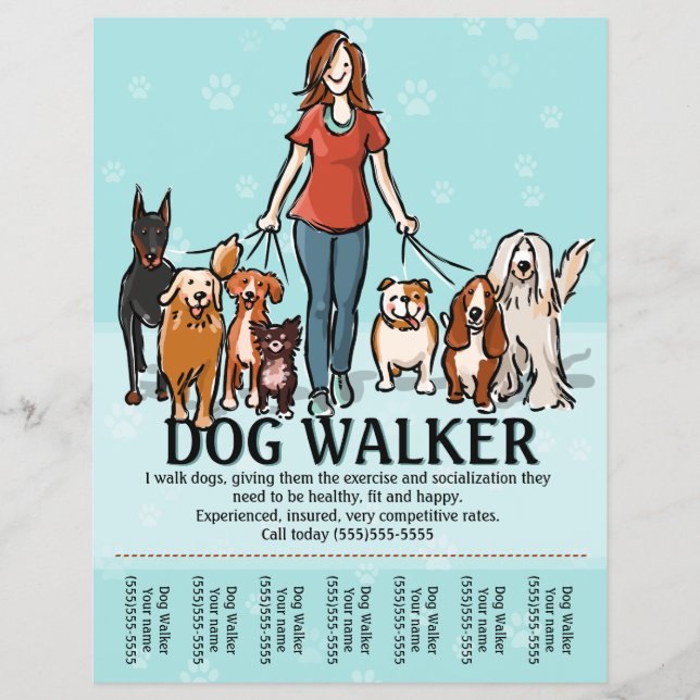 Hund Walking. Dog Walker. Kalkylblad Reklamblad (Framsidan)
