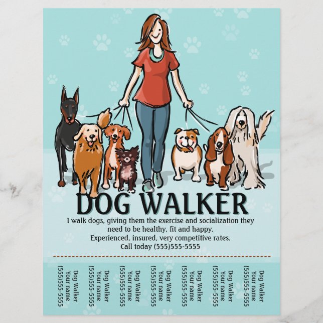 Hund Walking. Dog Walker. Kalkylblad Reklamblad (Framsidan)